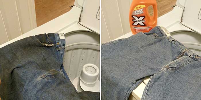 Greasy stains and auto fluid odors (left) are easily removed with Permatex Fast Orange Grease X Mechanic’s Laundry Detergent (right), which leaves a pleasant citrus aroma and helps repel future stains.